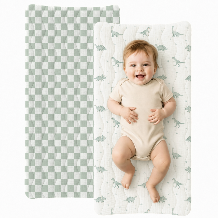 Konssy Waterproof Muslin Changing Pad Cover 2 Pack, 100% Cotton Quilted Diaper Changing Table Sheets, Soft Breathable Boho Nursery Bedding for Baby, Silent & Absorbent Standard Fit
