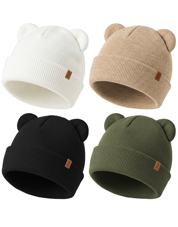Konssy 4 Pack Baby Beanie with Bear Ear Warm Winter Hat for Newborn Infant Cozy Double-Layer Knitted Warm Cap, Extra-Soft Stretch Beanies, Multicolor Set, Baby Winter Hat for Boys and Girls 0-6 Months