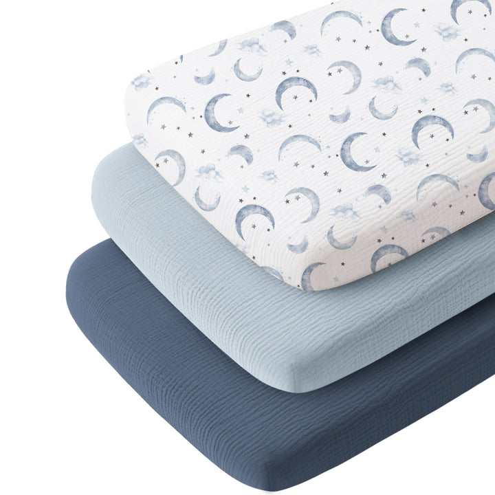 Konssy 3 Pack Muslin Bassinet Sheets for Baby Girls Boys, 35"x20" 100% Cotton, Soft Bassinet Mattress Sheets, Fits Baby Delight, Dream on Me, Rectangle Bedside Mattresses