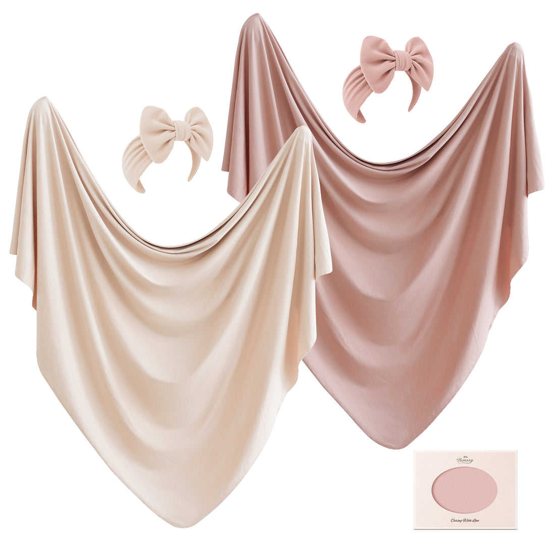Konssy 4-Piece Newborn Swaddle Set, Stretchy Swaddle Blankets & Headbands/41"x41", Buttery-Soft & Stretchy, for Swaddling, Photos & Everyday Cuddles, Newborn Essentials