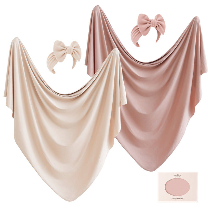 Konssy 4-Piece Newborn Swaddle Set, Stretchy Swaddle Blankets & Headbands/41"x41", Buttery-Soft & Stretchy, for Swaddling, Photos & Everyday Cuddles, Newborn Essentials