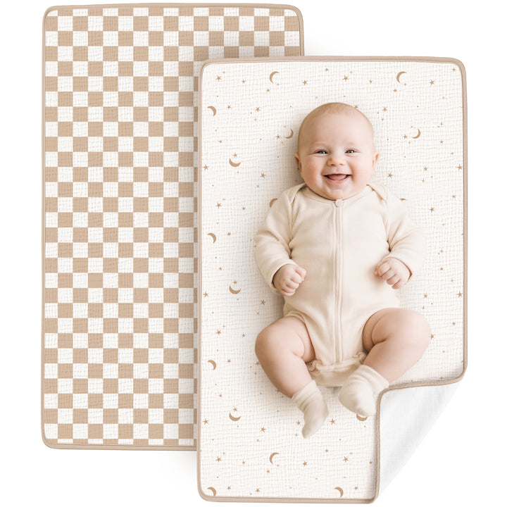 Konssy 2 Pack Waterproof Muslin Cotton Portable Changing Pad 30"x 17", Soft & Foldable Baby Changing Mat Travel Pad with Terry Backing, Shower Gift for Newborn Girls Boys
