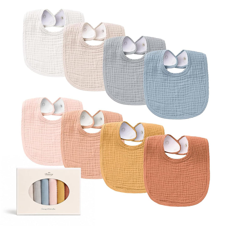 Konssy 8-Pack Muslin Baby Bibs, Adjustable Fit for Drooling and Teething Soft Absorbent, Drool Bibs for Baby Boys Girls, Cotton Front with Fleece Backing, Newborn to Toddler 0-36M