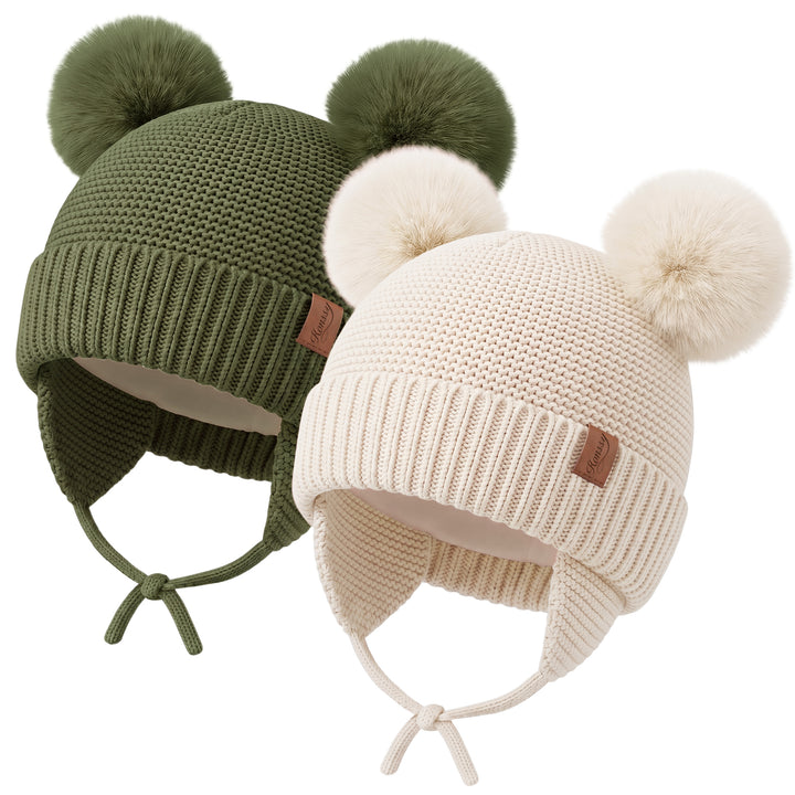 Konssy 2 Pack Baby Beanie Hat with Ear Flaps, Newborn Winter Hat 0-6 Months/60% Soft Cotton Lining to Help Retain Warmth, Secure Tie Closure, Comfy Double Pom-Pom Knit Winter Hat for Baby Boys Girls