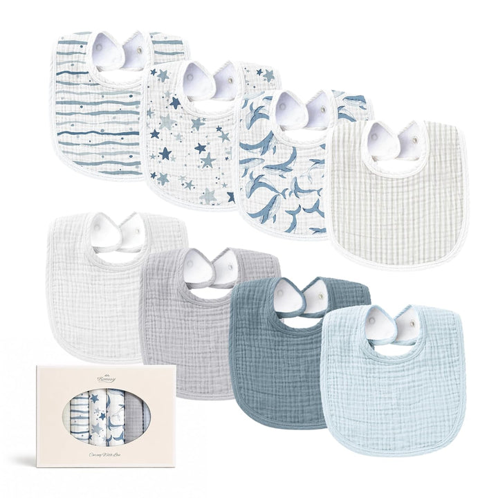 Konssy 8-Pack Muslin Baby Bibs, Adjustable Fit for Drooling and Teething Soft Absorbent, Drool Bibs for Baby Boys Girls, Cotton Front with Fleece Backing, Newborn to Toddler 0-36M