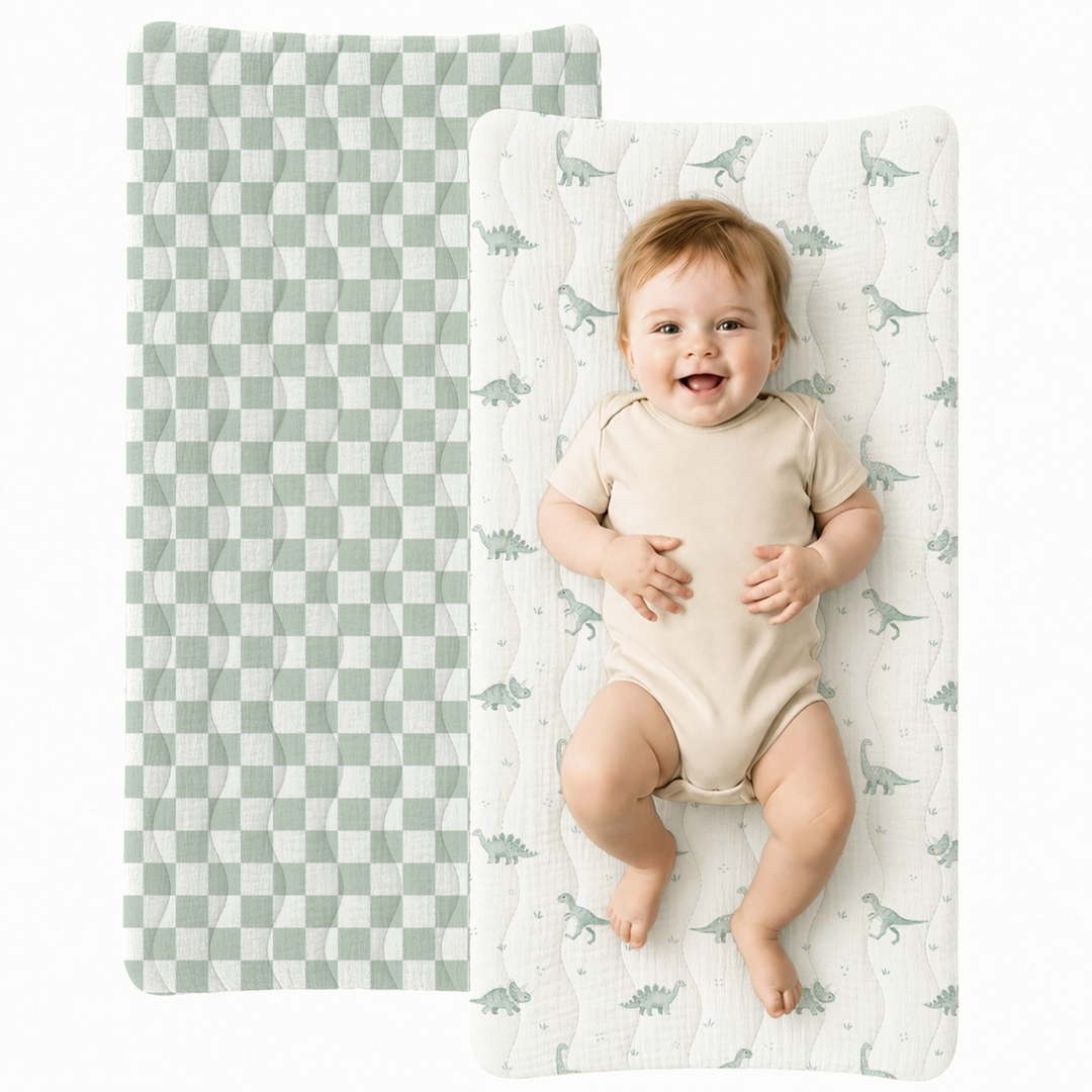 Konssy Waterproof Muslin Changing Pad Cover 2 Pack, 100% Cotton Quilted Diaper Changing Table Sheets, Soft Breathable Boho Nursery Bedding for Baby, Silent & Absorbent Standard Fit