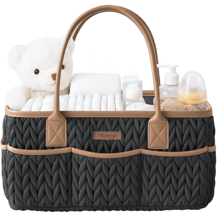 Konssy Baby Diaper Caddy Organizer, Braided Quilted Design with PU Handles | Water-Repellent, Portable Diaper Caddy Basket, Boho Nursery Organizer for Changing Table, Newborn Essentials