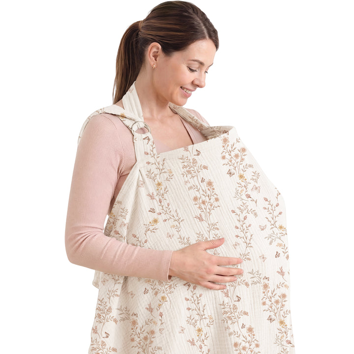 Konssy Muslin Nursing Cover for Baby Breastfeeding, Breathable 100% Cotton Breastfeeding Cover with Rigid Hoop for Mother Nursing Apron, Multi-use Carseat Canopy (Camel)