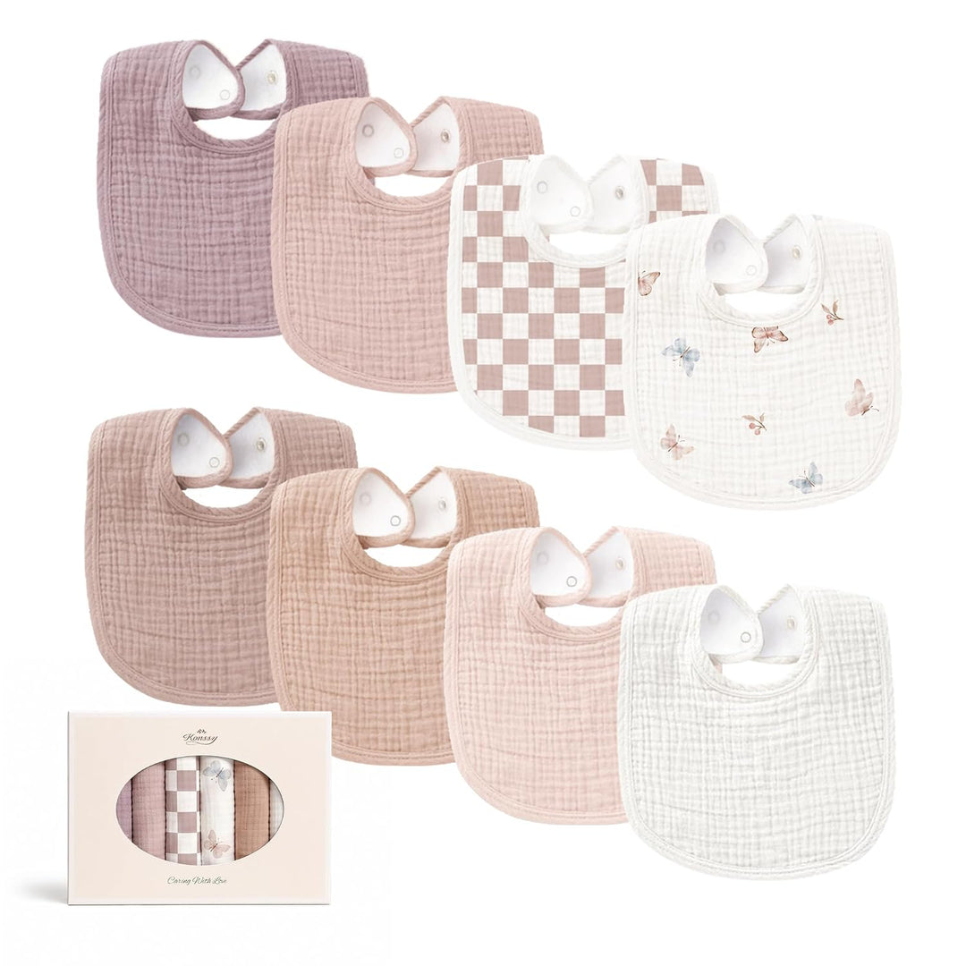 Konssy 8-Pack Muslin Baby Bibs, Adjustable Fit for Drooling and Teething Soft Absorbent, Drool Bibs for Baby Boys Girls, Cotton Front with Fleece Backing, Newborn to Toddler 0-36M
