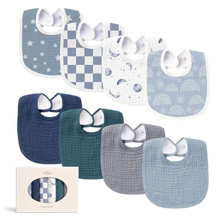 Konssy 8-Pack Muslin Baby Bibs, Adjustable Fit for Drooling and Teething Soft Absorbent, Drool Bibs for Baby Boys Girls, Cotton Front with Fleece Backing, Newborn to Toddler 0-36M