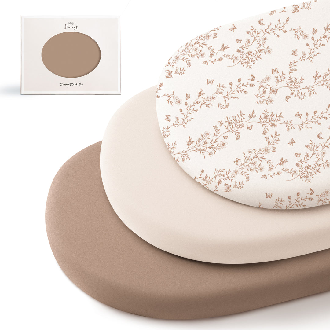 Konssy 3 Pack Stretchy Bassinet Sheets for Baby Girl Boy, Soft Breathable Baby Bassinet Mattress Sheets Fit for Hourglass Oval Cradle, Moses Basket Rectangle Mattress