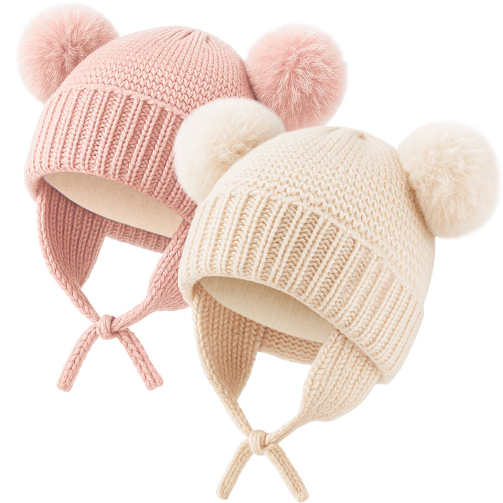 Konssy 2 Pack Baby Winter Hat with Earflaps, Warm Knit Beanie, Cozy Baby Hat for Boys & Girls 0–6 Months