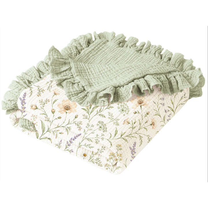 Konssy 100% Cotton Muslin Baby Blanket with Ruffle Trim for Girls, 43"x39" Reversible Design, Ultra Soft & Lightweight, for Swaddling, Crib, Stroller & Nursery Use, from Newborn to Toddler