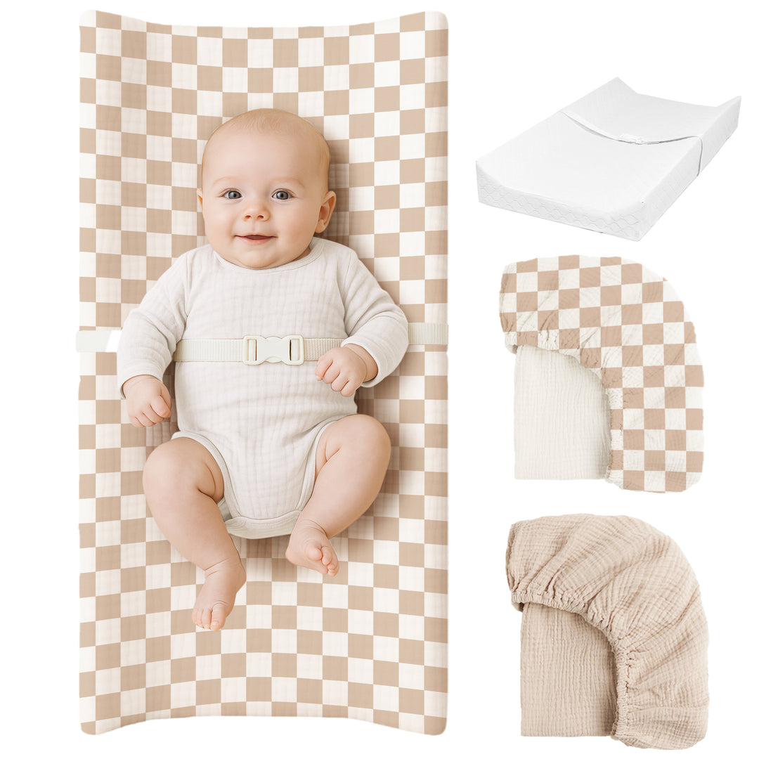 Konssy Muslin Changing Pad with Waterproof Lining Foam, Includes 2 Pack Soft & Cotton Cover, Baby Diaper Changing Pad for Dresser or Table, 32x16 inches (Blossom,Pink)