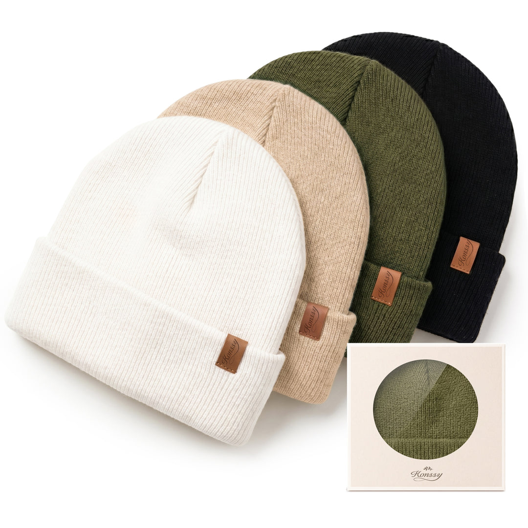 Konnsy 4 Pack Baby Beanie Warm Winter Hats for Newborn Infant Boys Girls | Cozy Double-Layer Knitted Warm Cap, Extra-Soft, Stretch Beanies Without Tight Marks, Multicolor set, Baby Beanies 0-6 Months