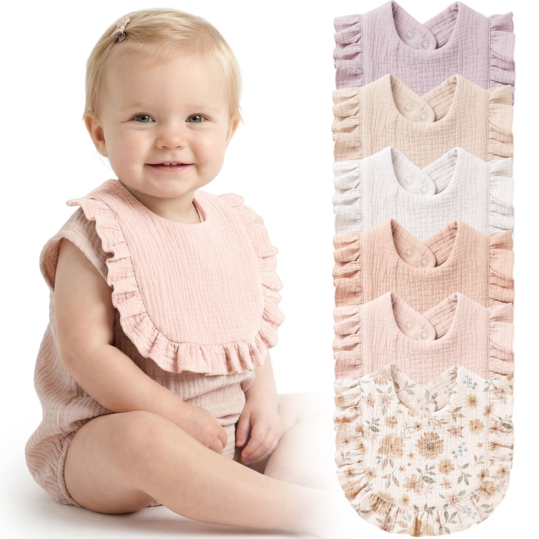 Konssy 6-Pack Muslin Baby Bibs for Girls, Soft 100% Cotton Drool Bibs with Ruffle Trim, Adjustable Infant Feeding Bibs