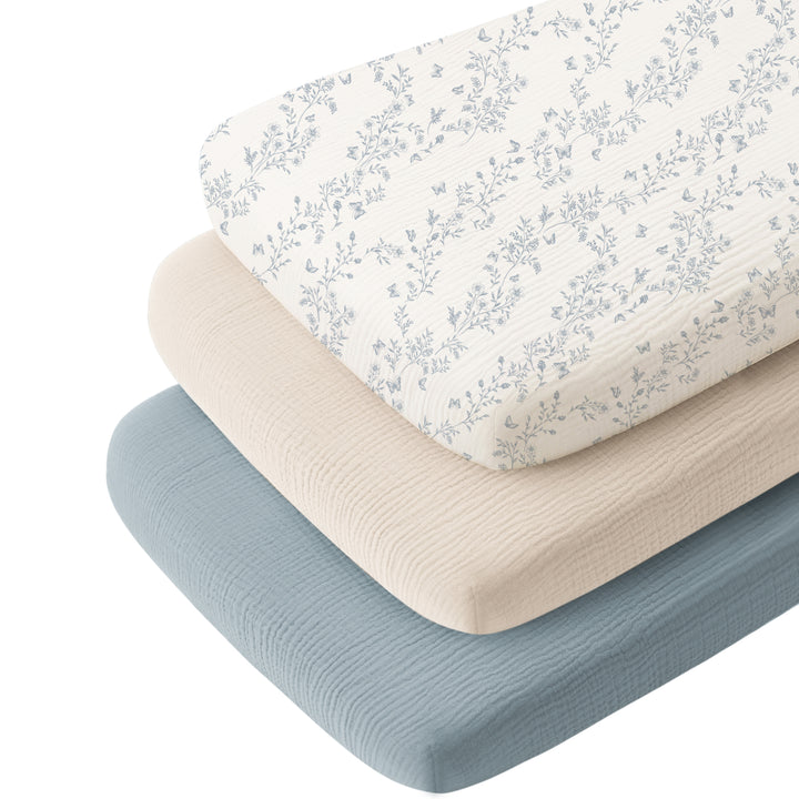 Konssy 3 Pack Muslin Bassinet Sheets for Baby Girls Boys, 35"x20" 100% Cotton, Soft Bassinet Mattress Sheets, Fits Baby Delight, Dream on Me, Rectangle Bedside Mattresses