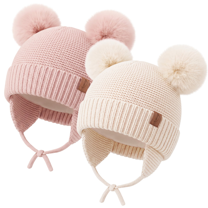 Konssy 2 Pack Baby Beanie Hat with Ear Flaps, Newborn Winter Hat 0-6 Months/60% Soft Cotton Lining to Help Retain Warmth, Secure Tie Closure, Comfy Double Pom-Pom Knit Winter Hat for Baby Boys Girls