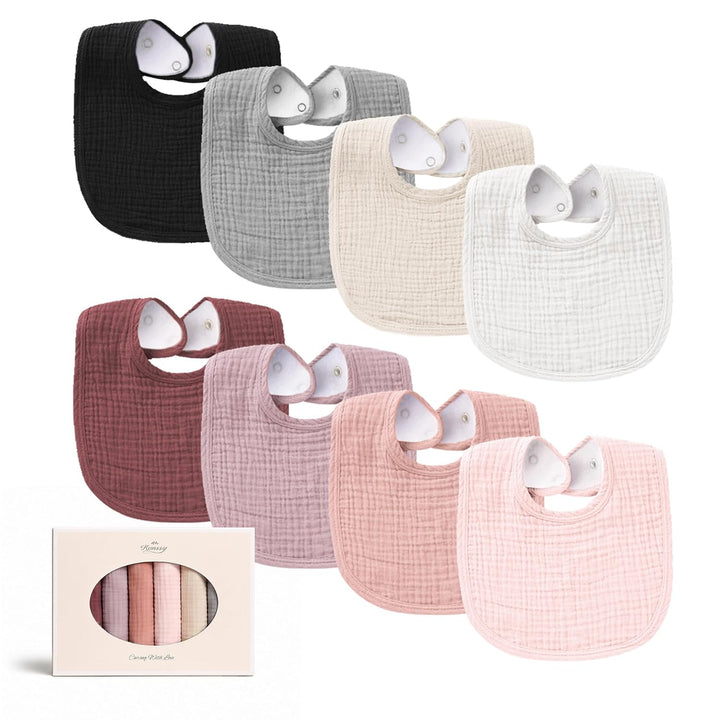 Konssy 8-Pack Muslin Baby Bibs, Adjustable Fit for Drooling and Teething Soft Absorbent, Drool Bibs for Baby Boys Girls, Cotton Front with Fleece Backing, Newborn to Toddler 0-36M