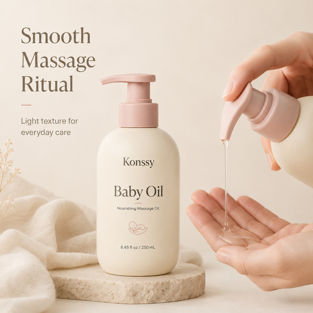 Konssy Baby Oil for Moisturizing and Massage, Lightweight Nourishing Massage Oil with Easy Pump, Daily Baby Skin Care Oil