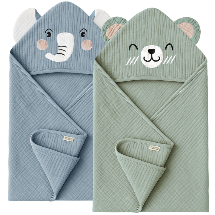 Konssy 2-Pack Muslin Baby Hooded Towels, 100% Cotton, Soft and Absorbent Baby Bath Towels for Newborn, Infant & Toddler with Animal Hooded Design