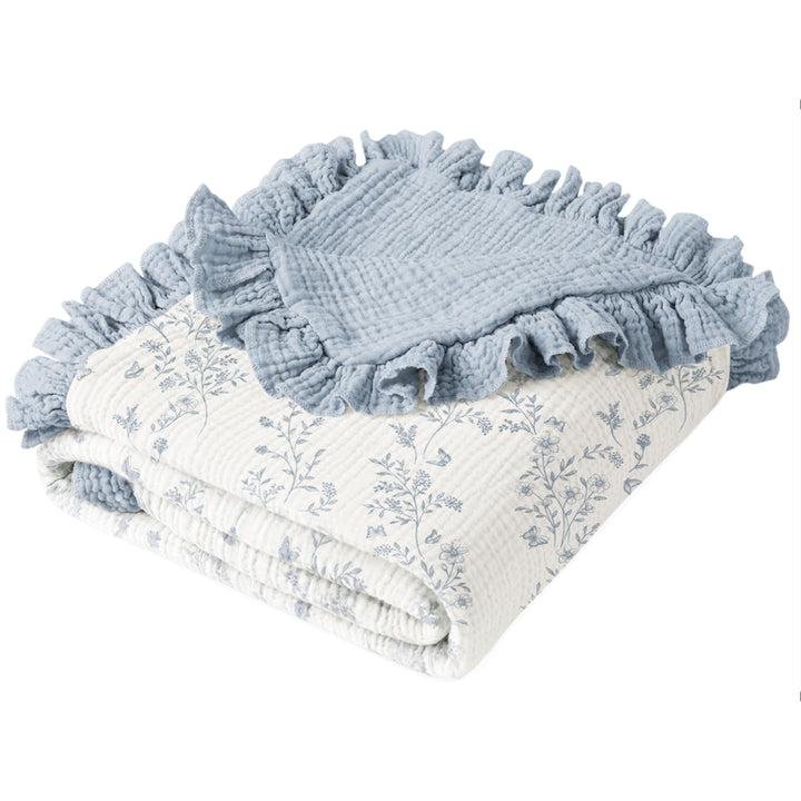 Konssy 100% Cotton Muslin Baby Blanket with Ruffle Trim for Girls, 43"x39" Reversible Design, Ultra Soft & Lightweight, for Swaddling, Crib, Stroller & Nursery Use, from Newborn to Toddler