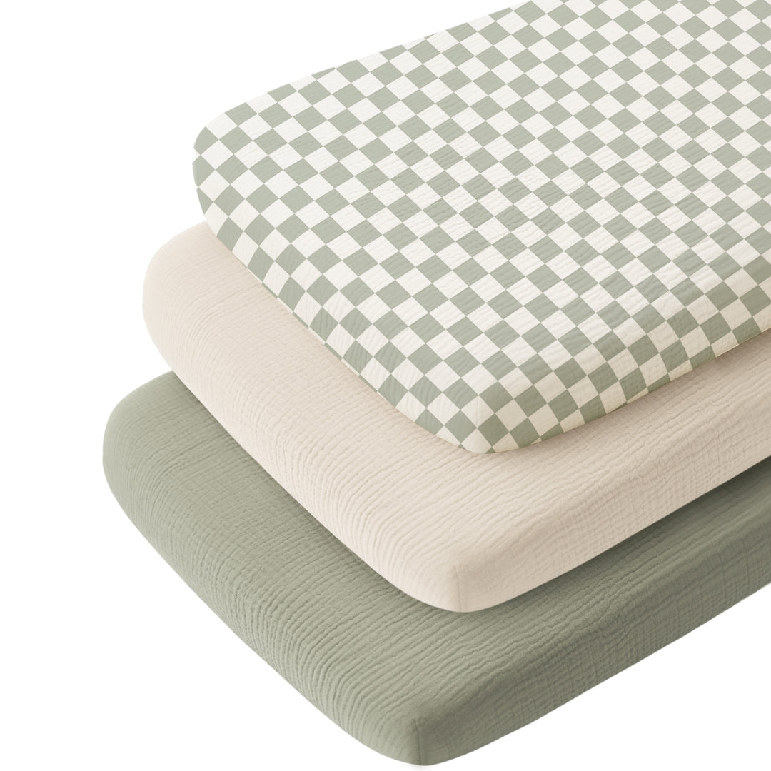 Konssy 3 Pack Muslin Bassinet Sheets for Baby Girls Boys, 35"x20" 100% Cotton, Soft Bassinet Mattress Sheets, Fits Baby Delight, Dream on Me, Rectangle Bedside Mattresses