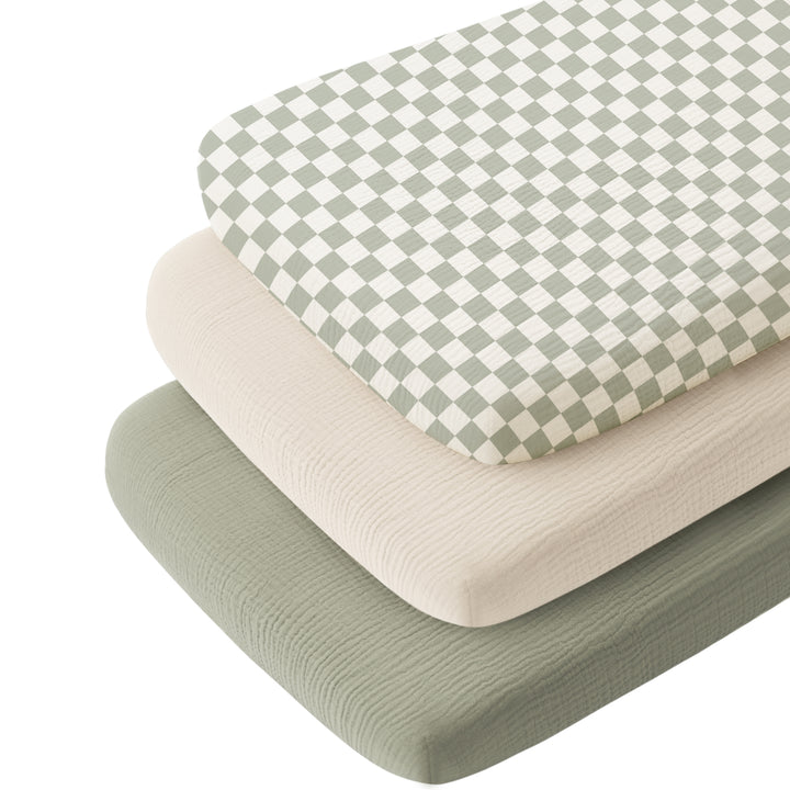 Konssy 3 Pack Muslin Bassinet Sheets for Baby Girls Boys, 35"x20" 100% Cotton, Soft Bassinet Mattress Sheets, Fits Baby Delight, Dream on Me, Rectangle Bedside Mattresses