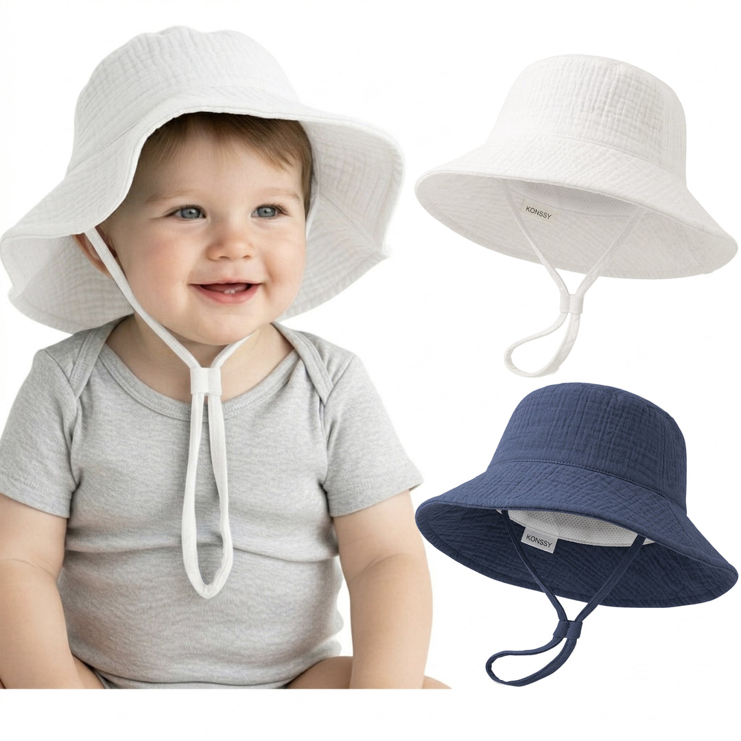 Konssy Muslin Baby Boy Sun Hat 2-Pack, Infant Sun Hat with Wide Brim, UPF 50+ Baby Beach Hat for 0-6 Months