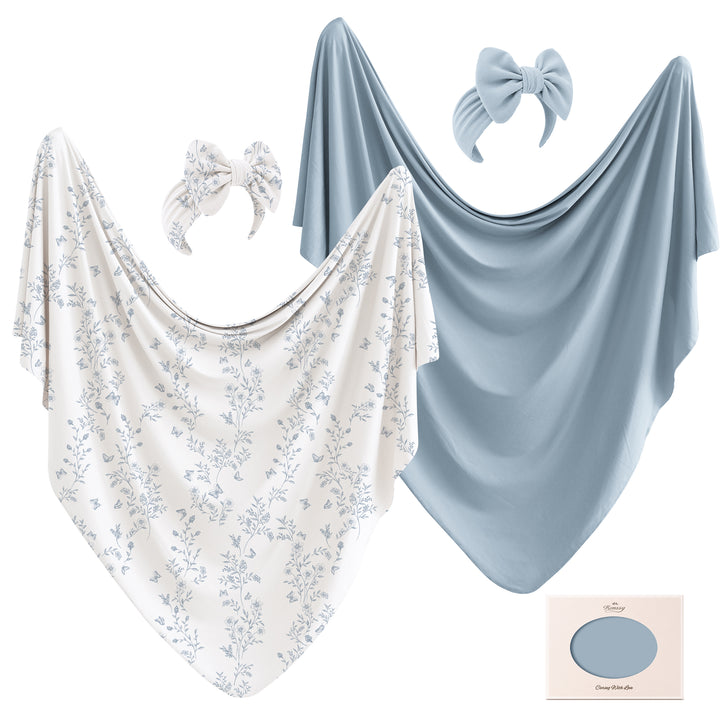 Konssy 4-Piece Newborn Swaddle Set, Stretchy Swaddle Blankets & Headbands/41"x41", Buttery-Soft & Stretchy, for Swaddling, Photos & Everyday Cuddles, Newborn Essentials