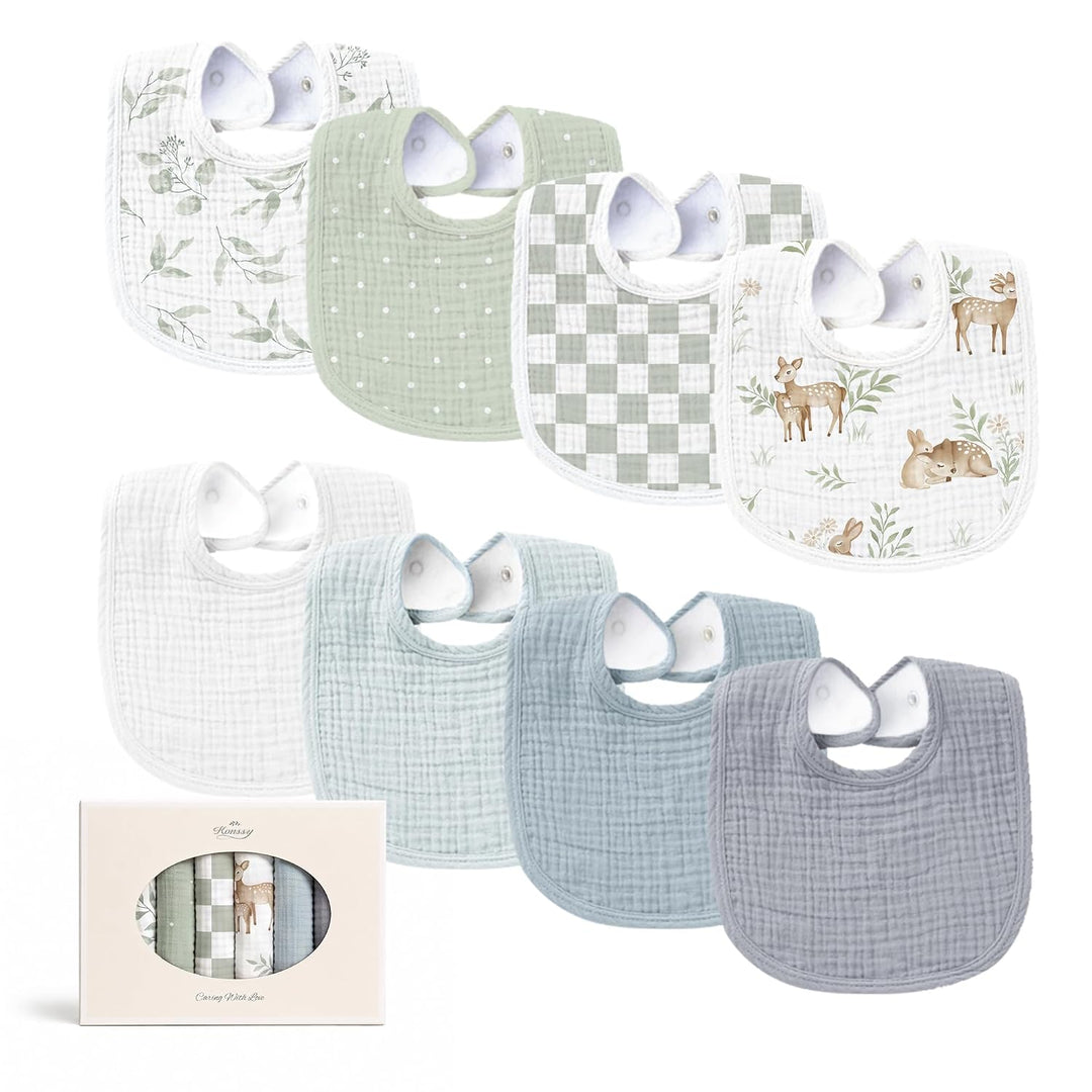 Konssy 8-Pack Muslin Baby Bibs, Adjustable Fit for Drooling and Teething Soft Absorbent, Drool Bibs for Baby Boys Girls, Cotton Front with Fleece Backing, Newborn to Toddler 0-36M