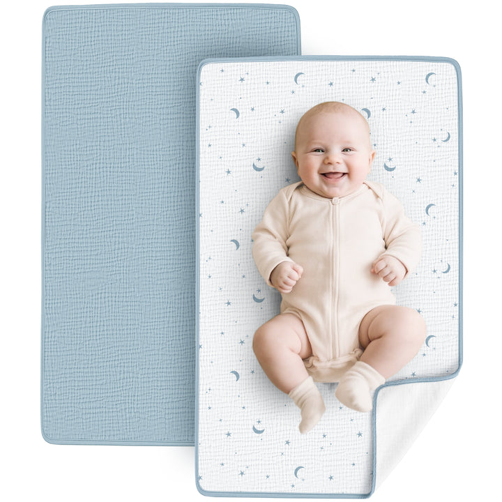 Konssy 2 Pack Waterproof Muslin Cotton Portable Changing Pad 30"x 17", Soft & Foldable Baby Changing Mat Travel Pad with Terry Backing, Shower Gift for Newborn Girls Boys