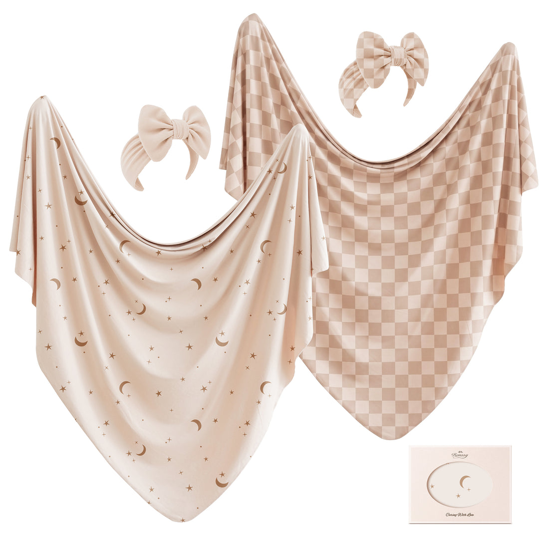 Konssy 4-Piece Newborn Swaddle Set, Stretchy Swaddle Blankets & Headbands/41"x41", Buttery-Soft & Stretchy, for Swaddling, Photos & Everyday Cuddles, Newborn Essentials