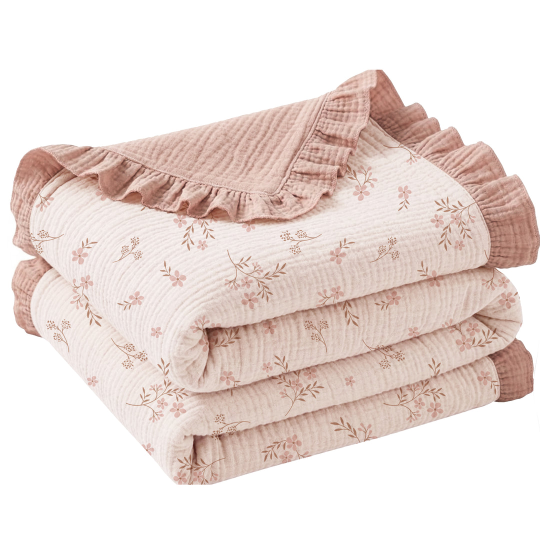 Konssy Flounce Muslin Baby Blanket for Girls Boys, 100% Cotton Soft Crib Swaddle Blankets, Reversible & Breathable Nursery Bedding for Newborns Toddlers, 43 x 39 Inches (Blossom)