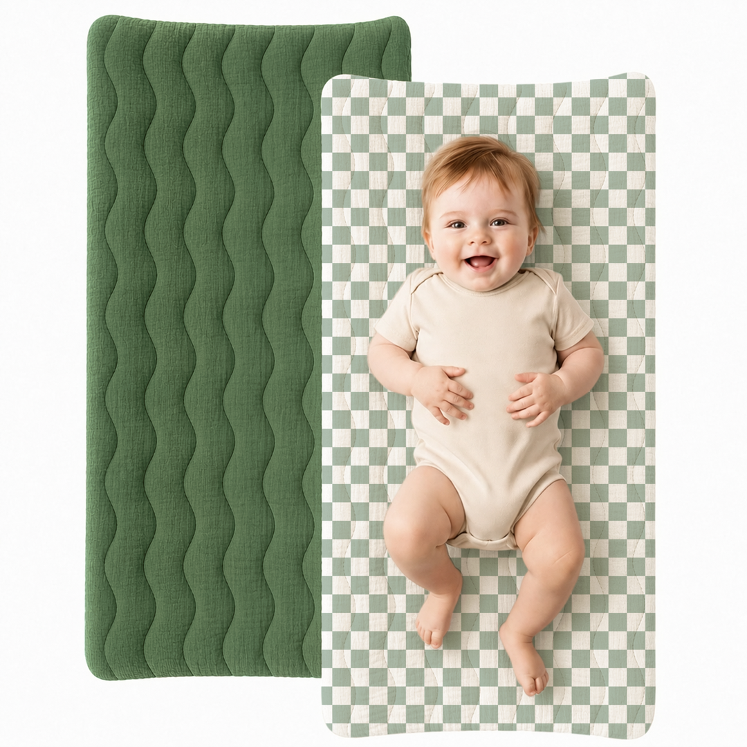 Konssy Waterproof Muslin Changing Pad Cover 2 Pack, 100% Cotton Quilted Diaper Changing Table Sheets, Soft Breathable Boho Nursery Bedding for Baby, Silent & Absorbent Standard Fit