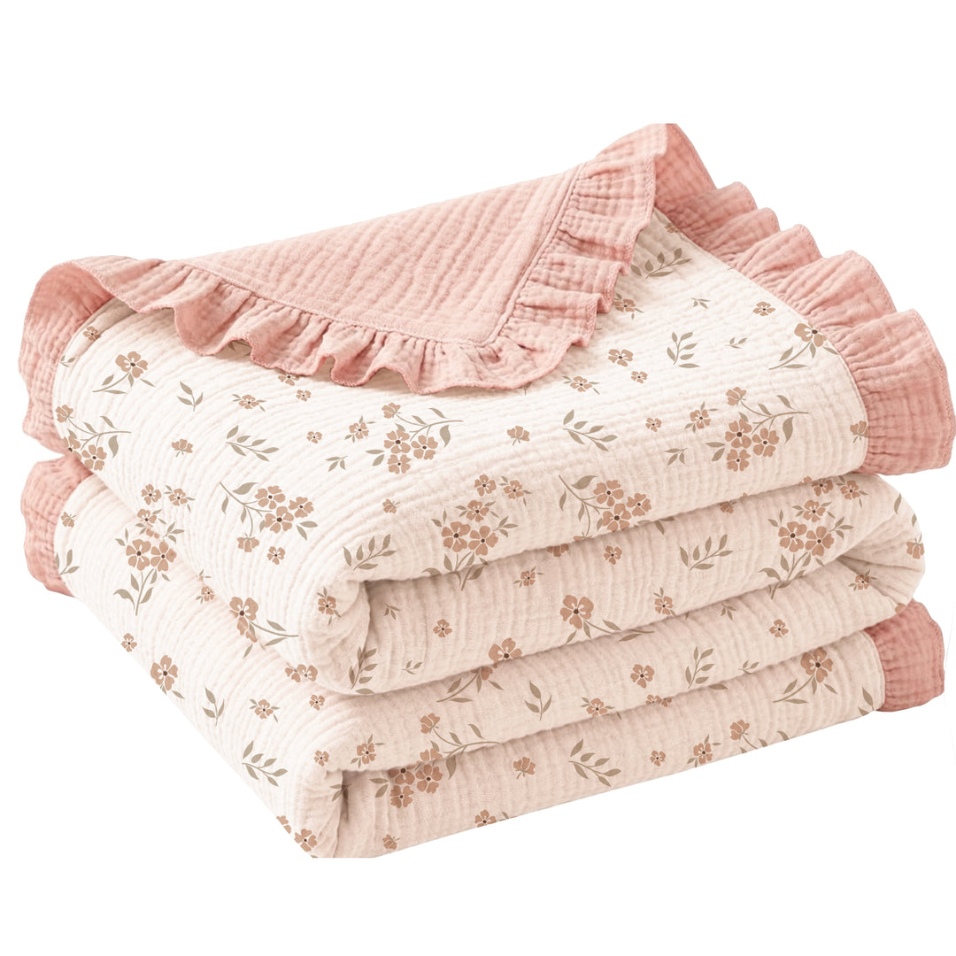 Konssy Flounce Muslin Baby Blanket for Girls Boys 47 x 47 Inches, 100% Cotton Soft Crib Swaddle Blankets, Reversible & Breathable Nursery Bedding for Newborns Toddlers (Blossom)