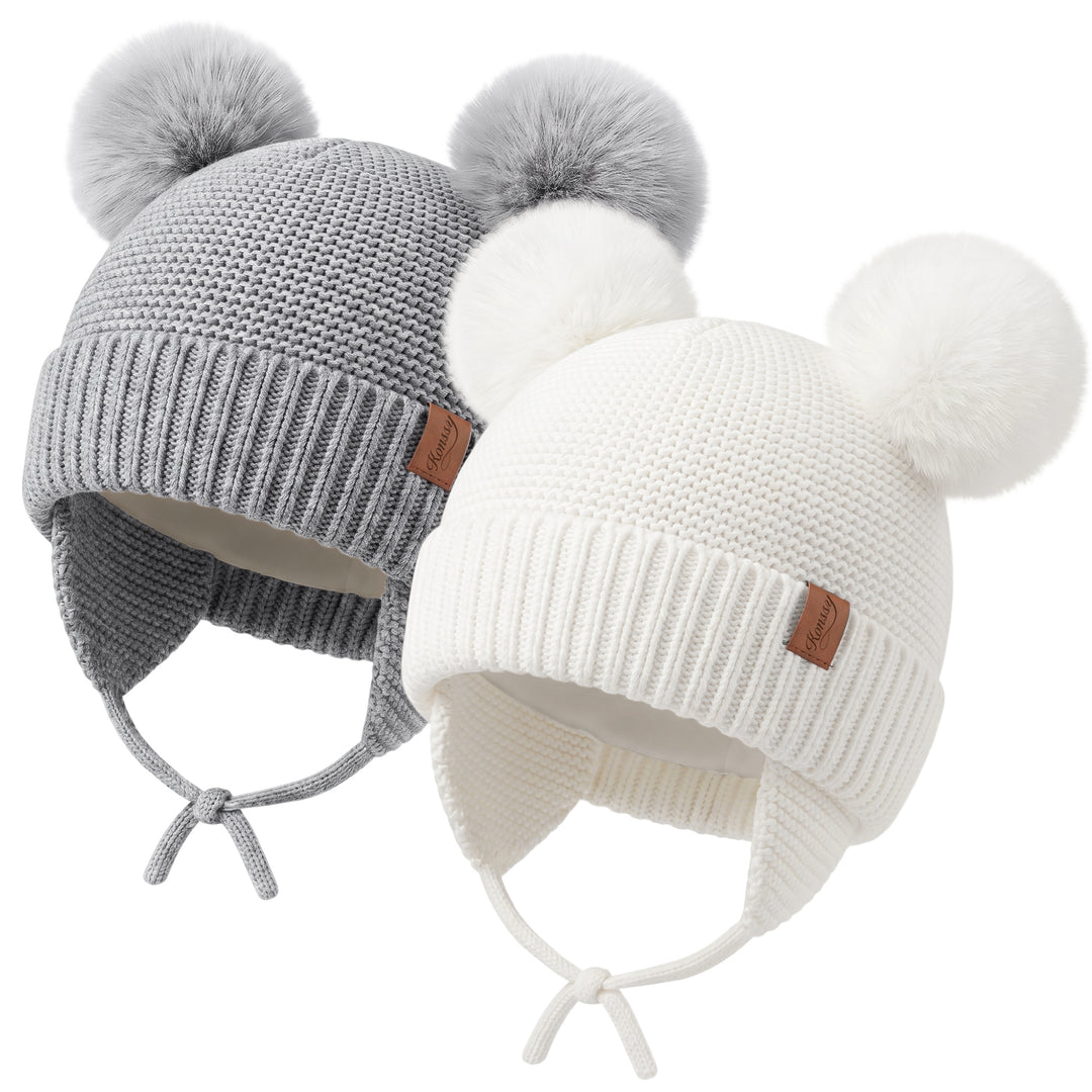 Konssy 2 Pack Baby Beanie Hat with Ear Flaps, Newborn Winter Hat 0-6 Months/60% Soft Cotton Lining to Help Retain Warmth, Secure Tie Closure, Comfy Double Pom-Pom Knit Winter Hat for Baby Boys Girls