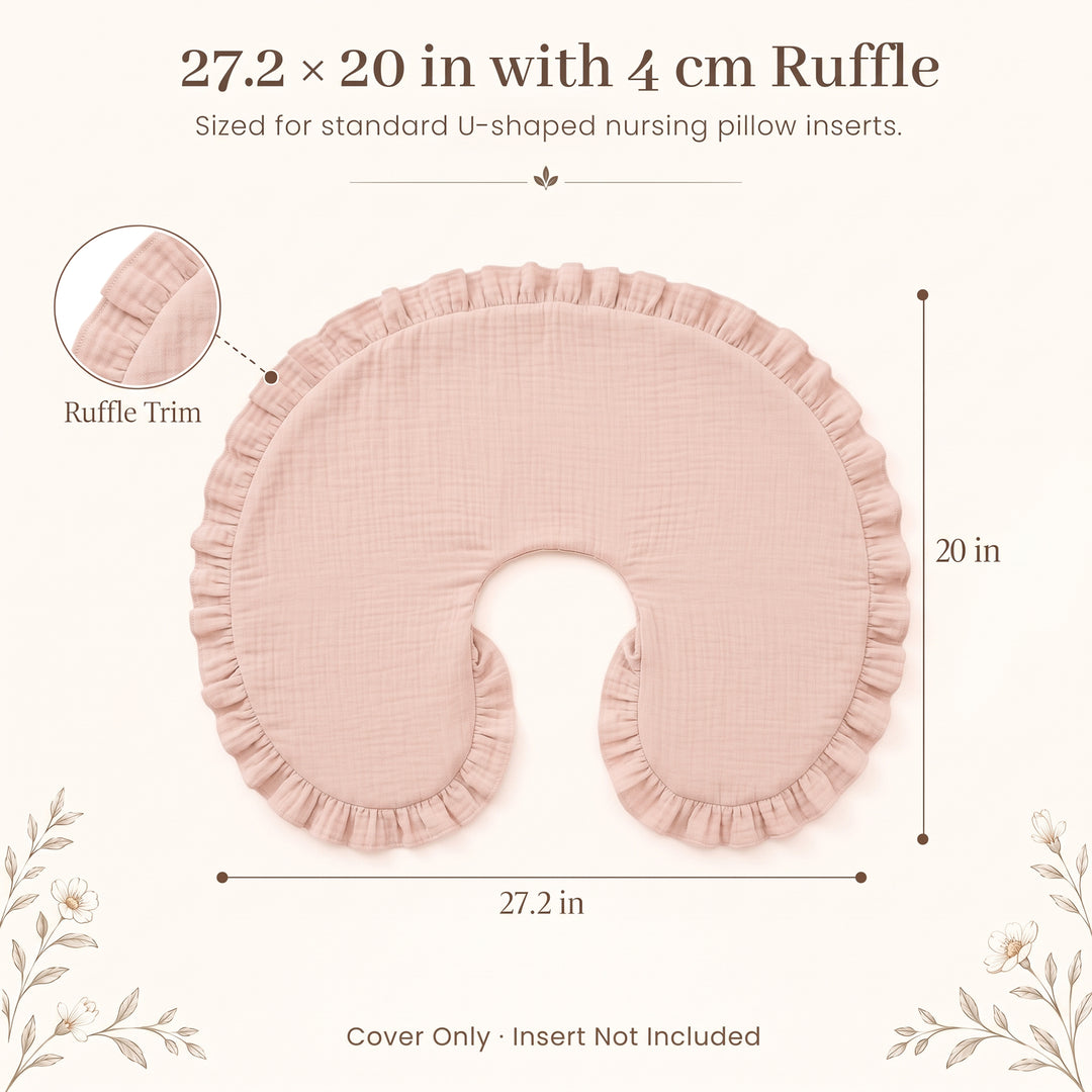 Konssy 100% Muslin Cotton Soft Nursing Pillow Covers with Ruffle Trim Covers Only, Breathable & Machine Washable Slipcover, Baby Breastfeeding Pillow Cover for Newborn Boys & Girls, in gift box