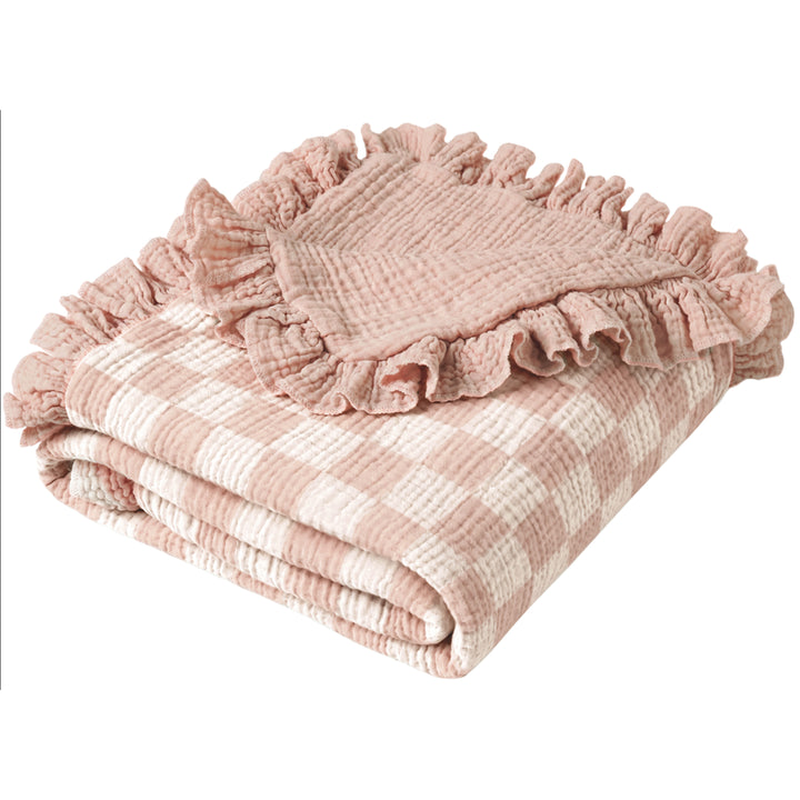 Konssy 100% Cotton Muslin Baby Blanket with Ruffle Trim for Girls, 43"x39" Reversible Design, Ultra Soft & Lightweight, for Swaddling, Crib, Stroller & Nursery Use, from Newborn to Toddler