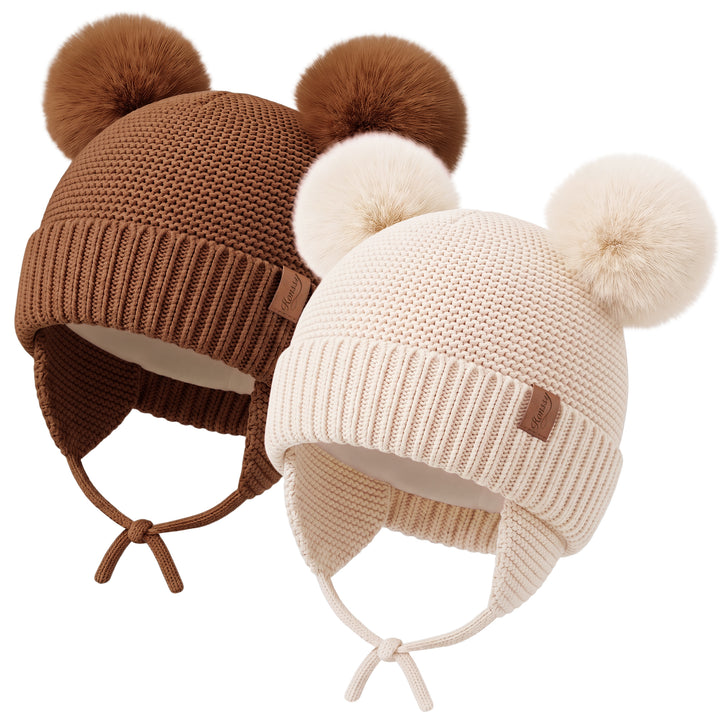 Konssy 2 Pack Baby Beanie Hat with Ear Flaps, Newborn Winter Hat 0-6 Months/60% Soft Cotton Lining to Help Retain Warmth, Secure Tie Closure, Comfy Double Pom-Pom Knit Winter Hat for Baby Boys Girls