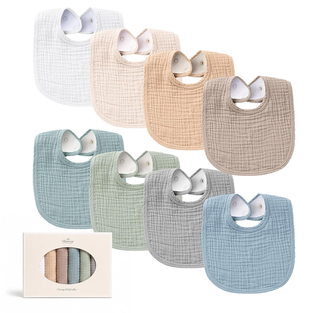 Konssy 8-Pack Muslin Baby Bibs, Adjustable Fit for Drooling and Teething Soft Absorbent, Drool Bibs for Baby Boys Girls, Cotton Front with Fleece Backing, Newborn to Toddler 0-36M