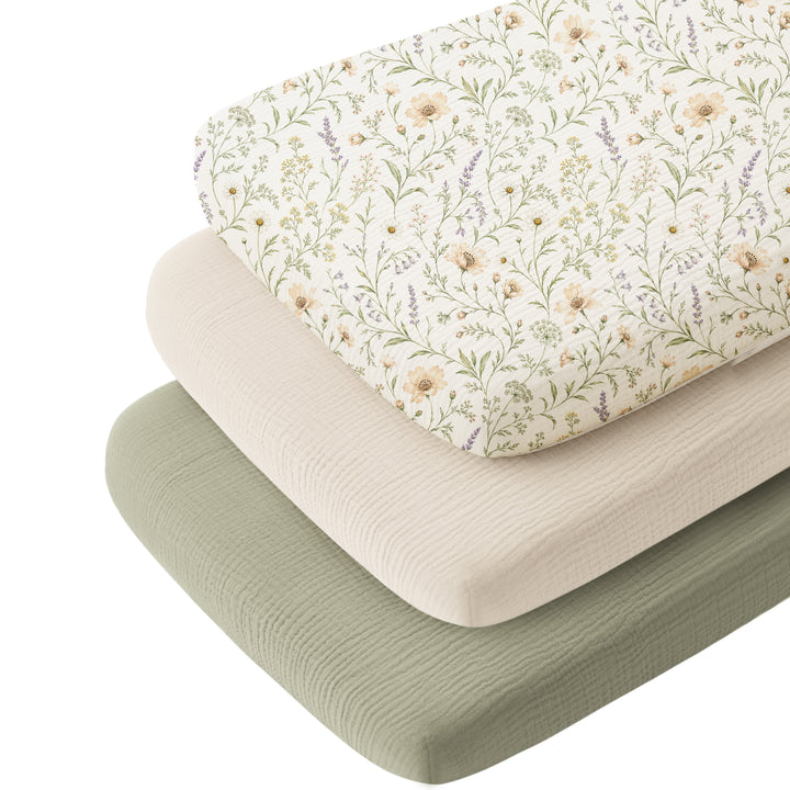 Konssy 3 Pack Muslin Bassinet Sheets for Baby Girls Boys, 35"x20" 100% Cotton, Soft Bassinet Mattress Sheets, Fits Baby Delight, Dream on Me, Rectangle Bedside Mattresses