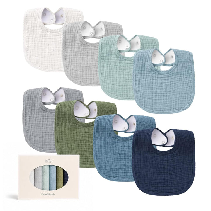 Konssy 8-Pack Muslin Baby Bibs, Adjustable Fit for Drooling and Teething Soft Absorbent, Drool Bibs for Baby Boys Girls, Cotton Front with Fleece Backing, Newborn to Toddler 0-36M