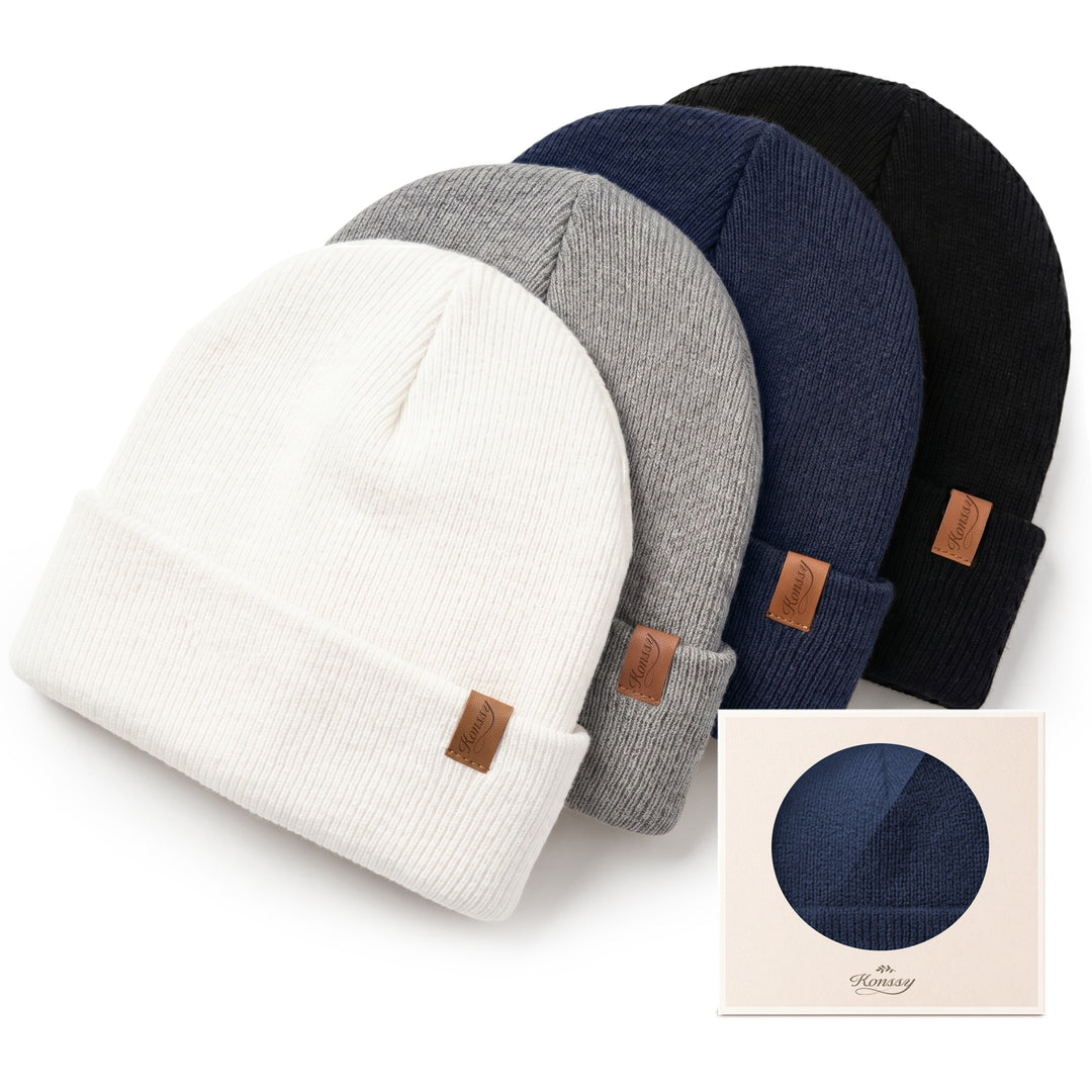 Konnsy 4 Pack Baby Beanie Warm Winter Hats for Newborn Infant Boys Girls | Cozy Double-Layer Knitted Warm Cap, Extra-Soft, Stretch Beanies Without Tight Marks, Multicolor set, Baby Beanies 0-6 Months