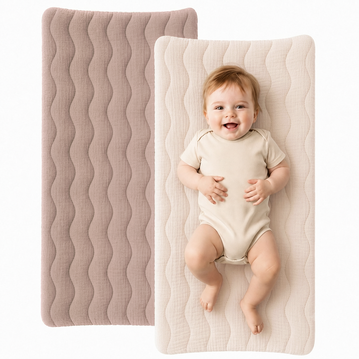 Konssy Waterproof Muslin Changing Pad Cover 2 Pack, 100% Cotton Quilted Diaper Changing Table Sheets, Soft Breathable Boho Nursery Bedding for Baby, Silent & Absorbent Standard Fit