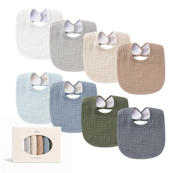 Konssy 8-Pack Muslin Baby Bibs, Adjustable Fit for Drooling and Teething Soft Absorbent, Drool Bibs for Baby Boys Girls, Cotton Front with Fleece Backing, Newborn to Toddler 0-36M