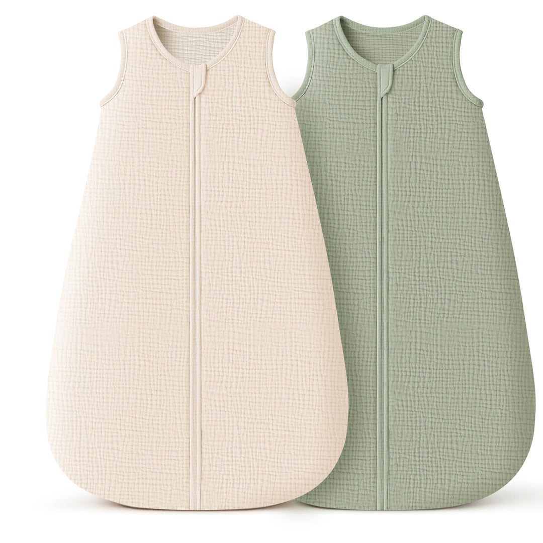 Konssy Muslin Baby Sleep Sack 0-6 Months 0.8 TOG, 2 Pack 100% Cotton Wearable Blanket for Babies, 2-Way Zipper Breathable Sleeping Sack Infant Toddler Essentials for Girls and Boys