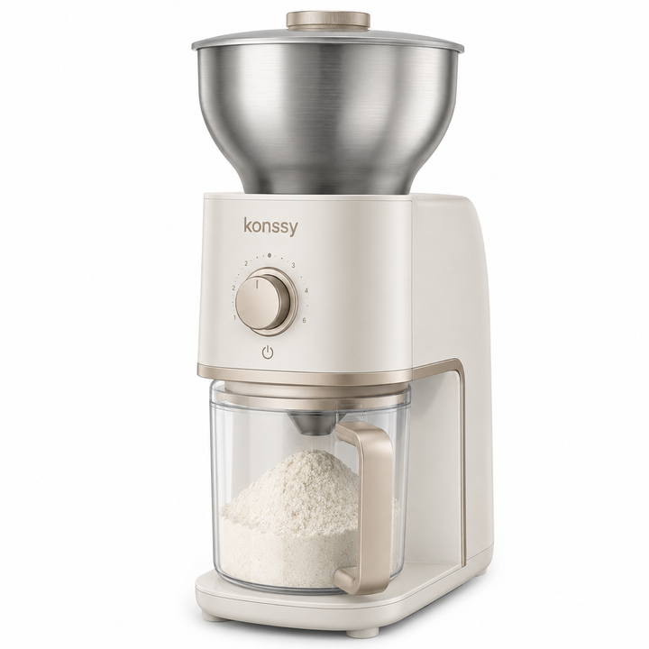 Konssy Electric Grain Mill Grinder, 6-Level Adjustable Flour Mill with Stainless Steel Hopper