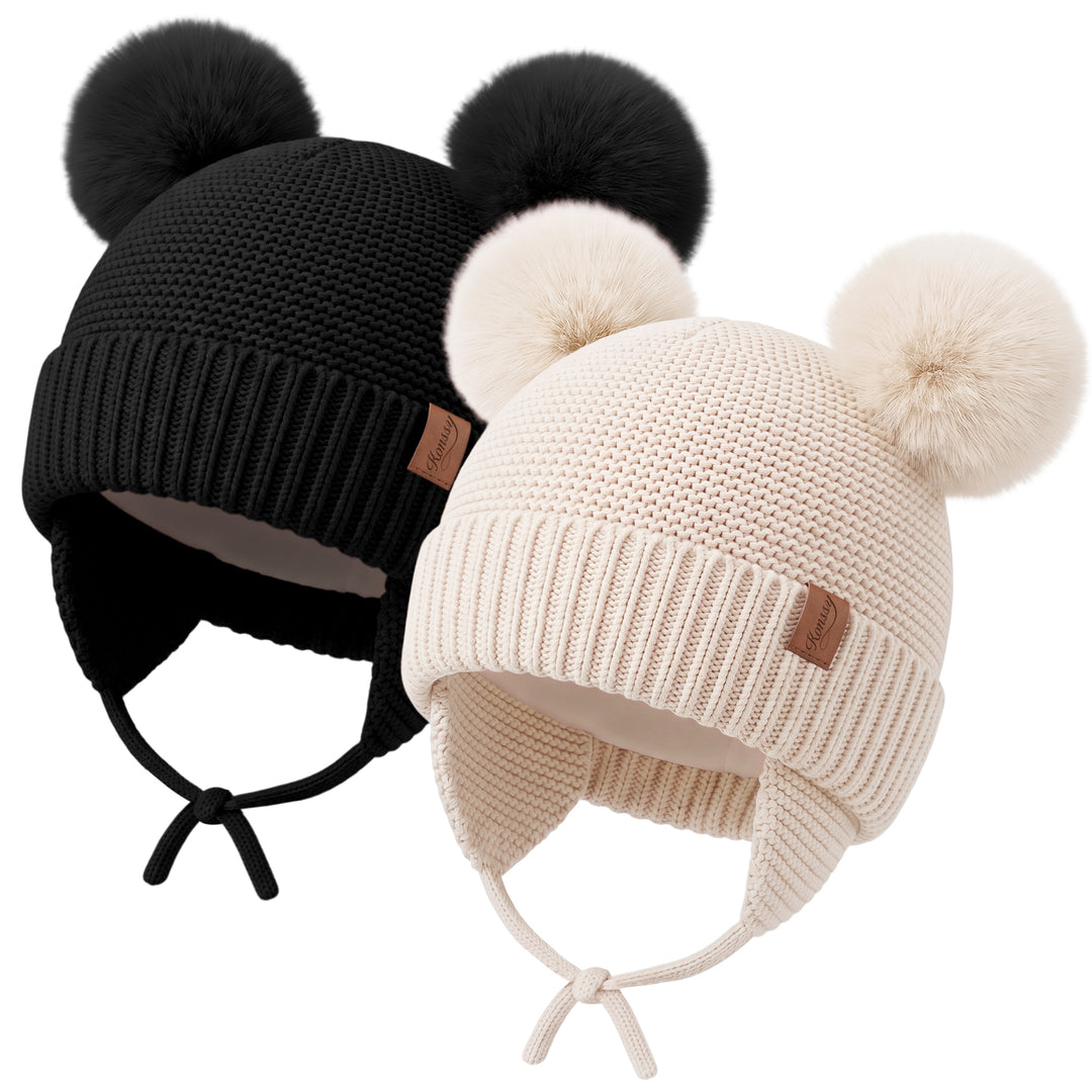Konssy 2 Pack Baby Beanie Hat with Ear Flaps, Newborn Winter Hat 0-6 Months/60% Soft Cotton Lining to Help Retain Warmth, Secure Tie Closure, Comfy Double Pom-Pom Knit Winter Hat for Baby Boys Girls