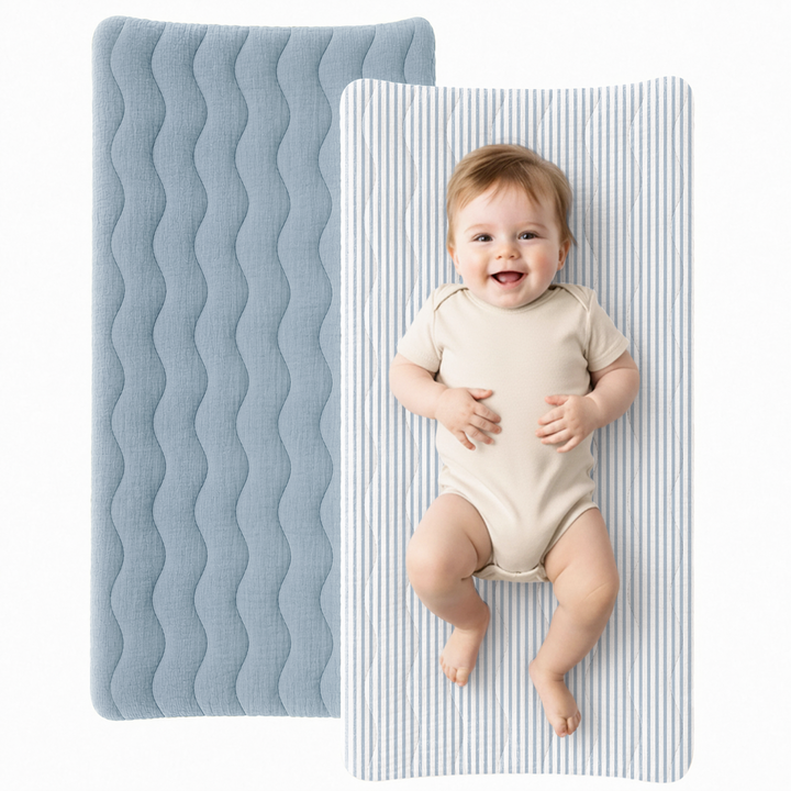 Konssy Waterproof Muslin Changing Pad Cover 2 Pack, 100% Cotton Quilted Diaper Changing Table Sheets, Soft Breathable Boho Nursery Bedding for Baby, Silent & Absorbent Standard Fit